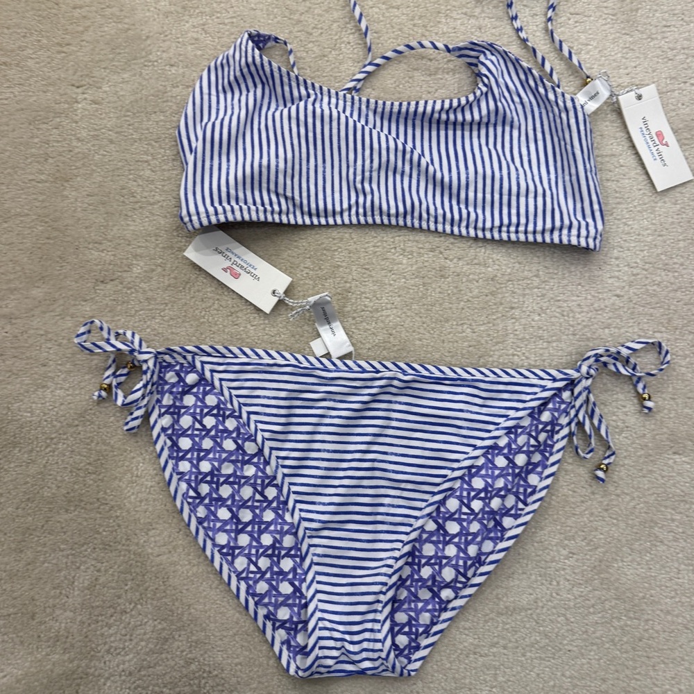 Blue and White Reversible Bikini Set